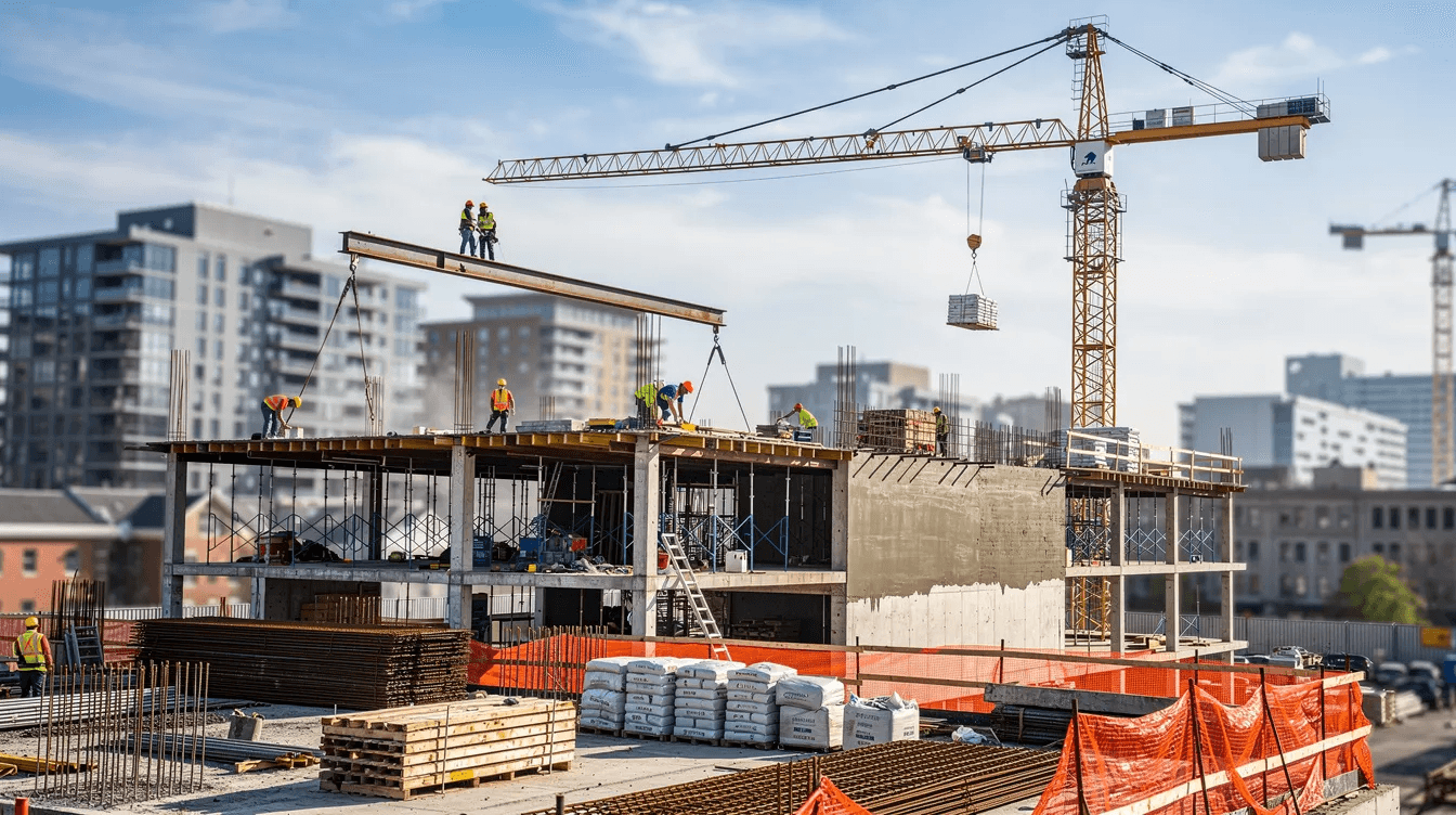 The image depicts an urban apartment building construction site bustling with workers and cranes, highlighting the ongoing development in low-income communities. This construction could potentially benefit from opportunity zone tax advantages, promoting investment in areas that may offer favorable tax treatment for investors.
