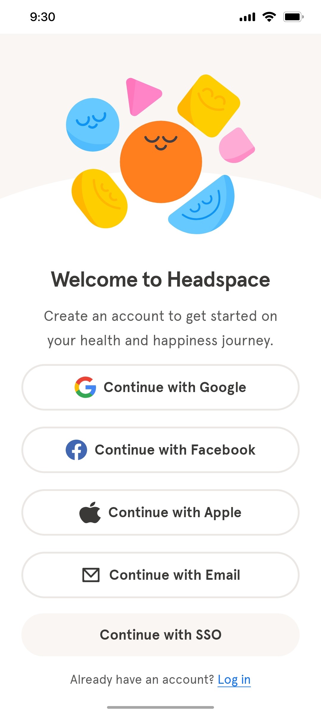 Headspace Login Signup screen