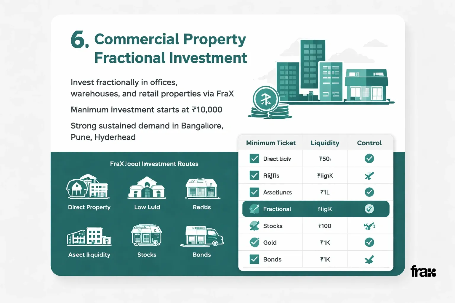 A minimalist card illustrating commercial fractional real estate investment with key details and a comparison table of seven investment routes.