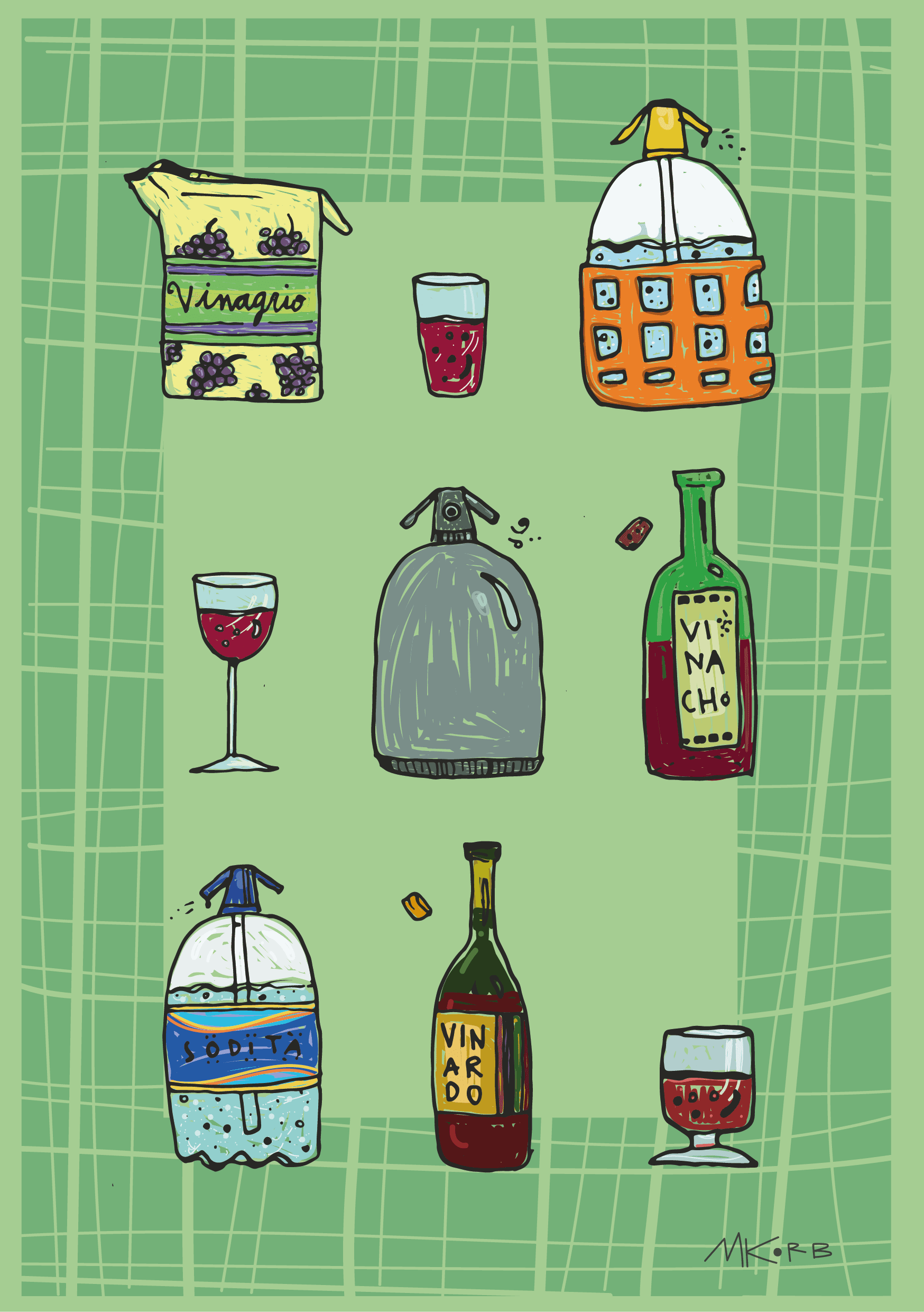 Una ilustración de sifones de soda y copas de vino