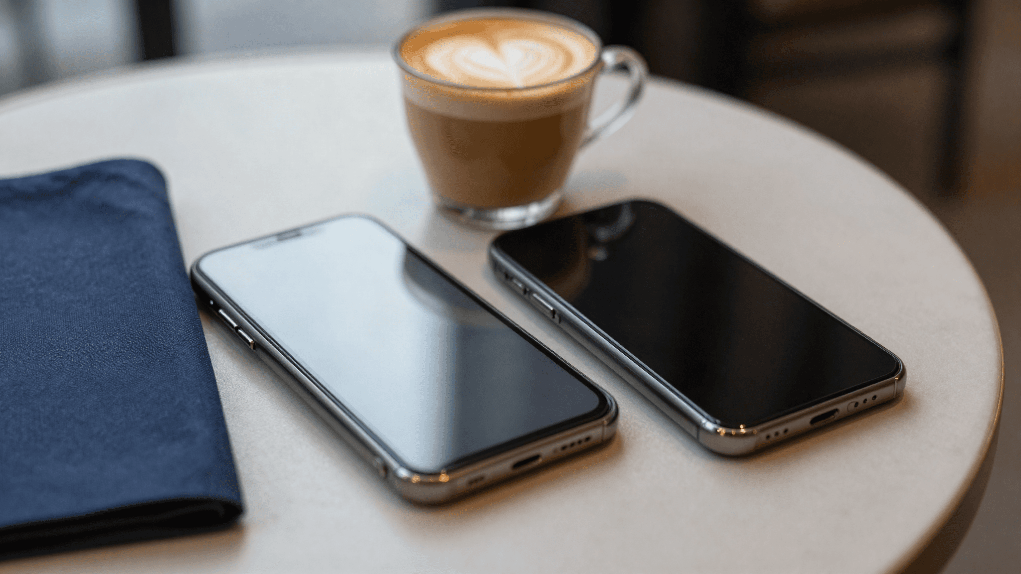 Verlassener Café-Tisch mit Smartphone und Cappuccino (KI-generiert)
