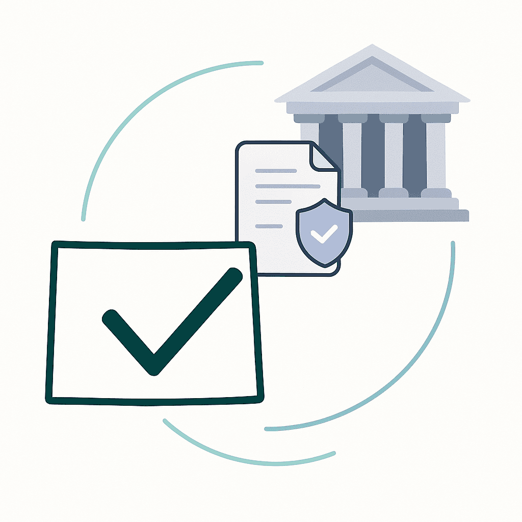 Illustration of Colorado state, legal documents, and federal courthouse connected to depict mortgage regulation layers