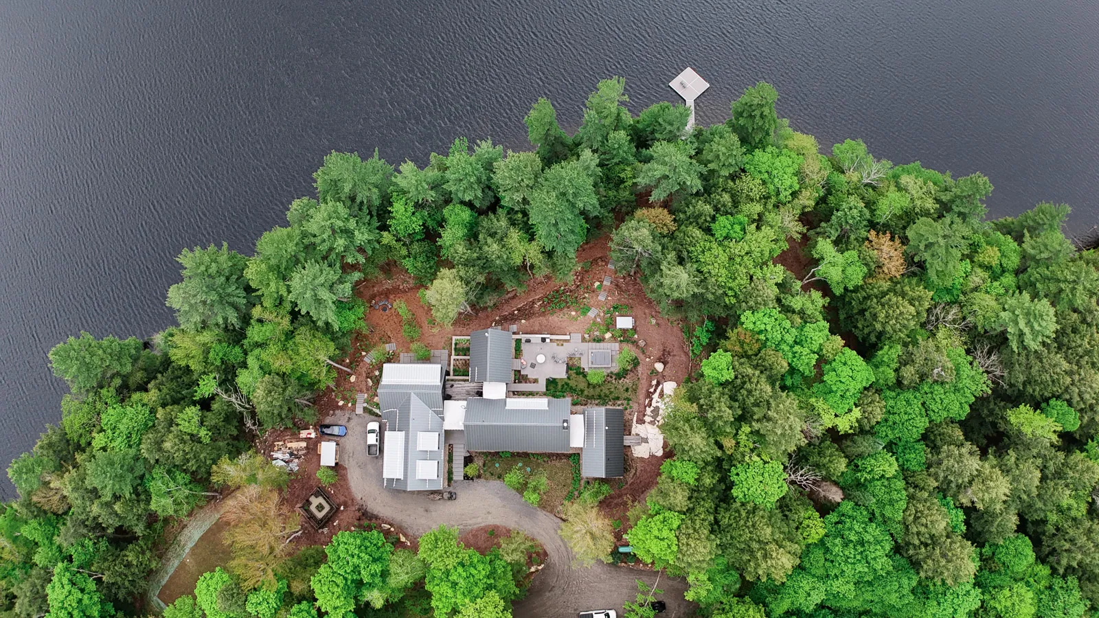 Aerial view of a luxury haliburton cottage estate.