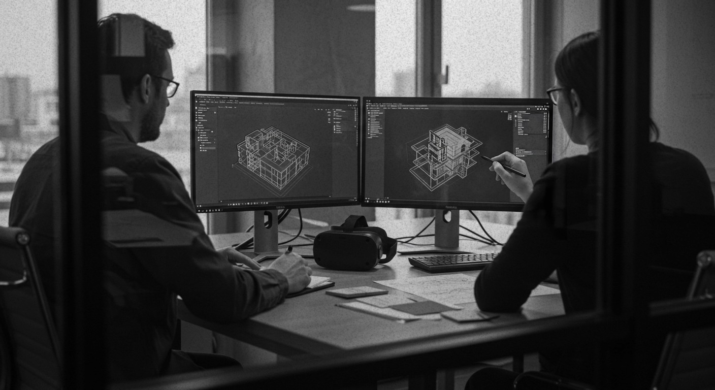Black and white image of people working at a table with laptops, showing hands gesturing during discussion of digital content displayed on screens, with fabrica® logo in the corner.