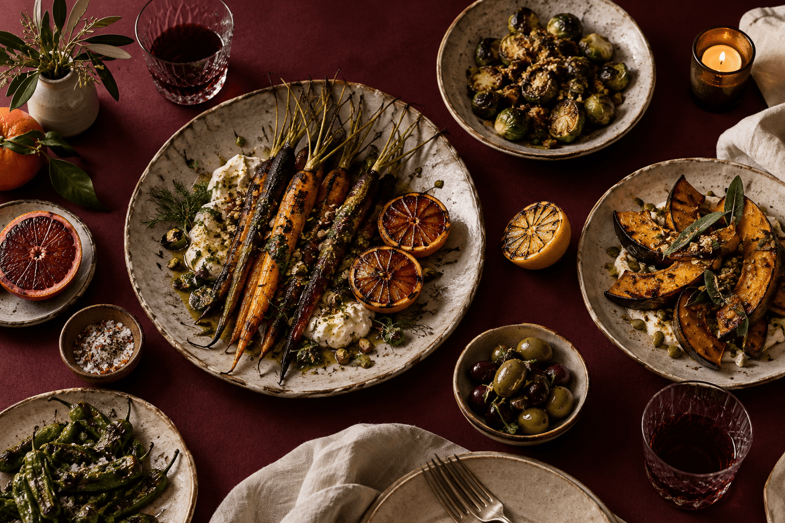Charred vegetables and citrus on an oxblood table