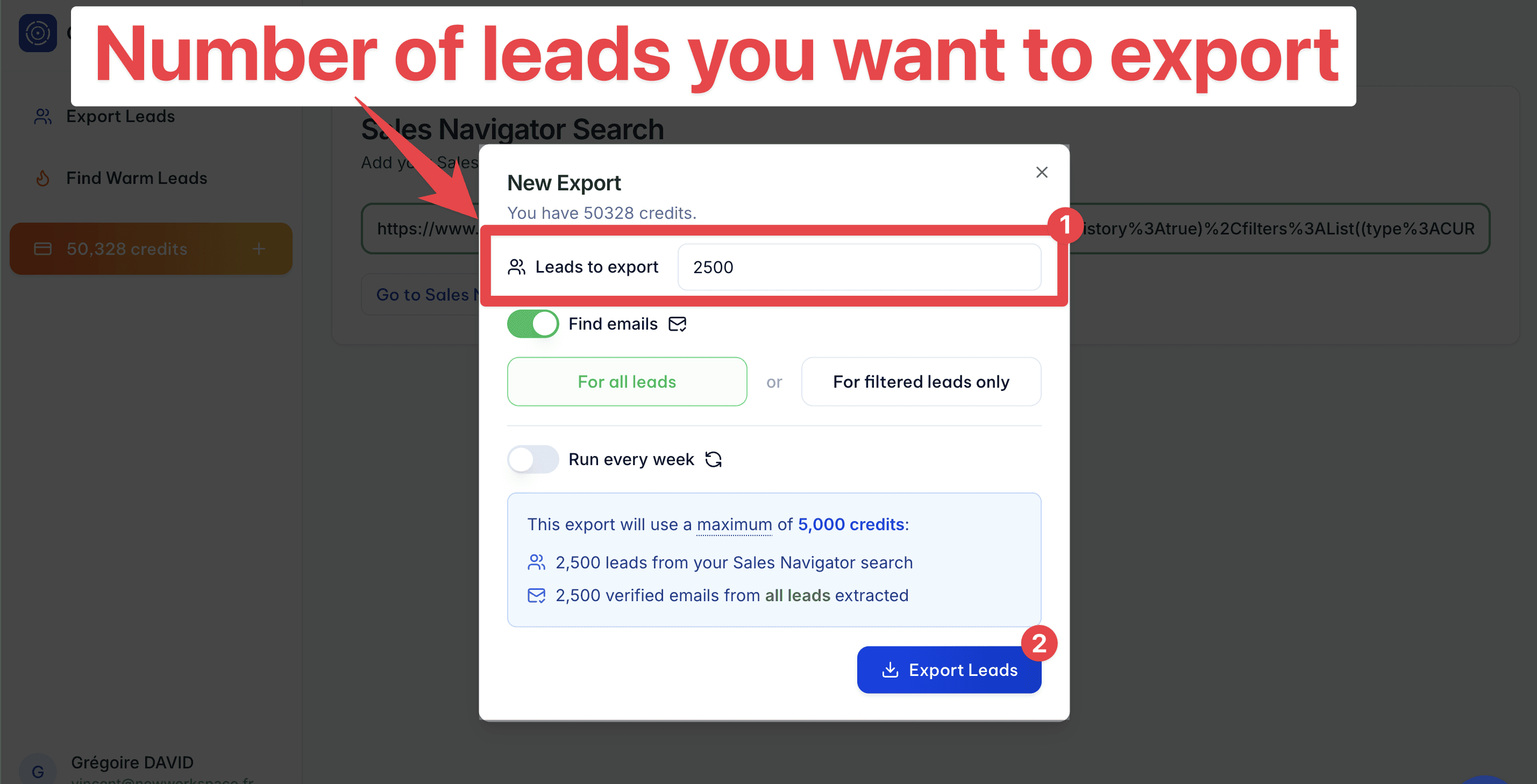 Choose how many leads you want to export on GiveMeLeads from LinkedIn Sales Navigator
