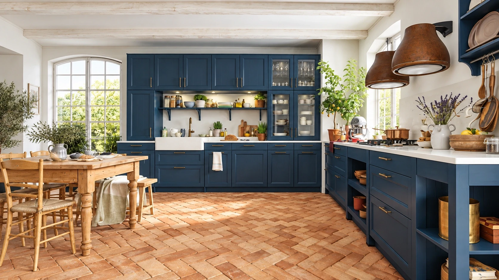 Cuisine bleu profond avec meubles à cadres, plans de travail clairs et sol ancien en terre cuite posé en chevrons.