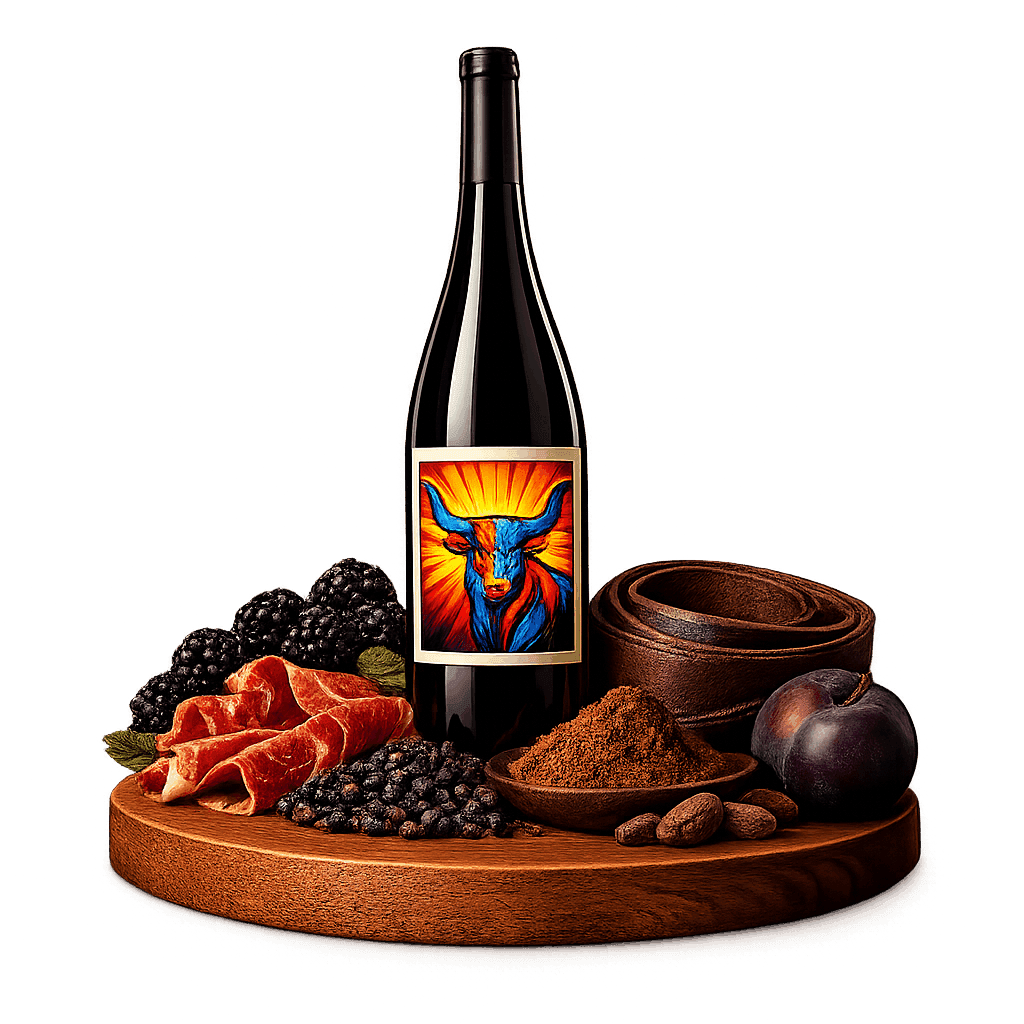 Artistic label and flavor profile for Texas Mourvèdre on a rustic wooden table.