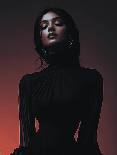 Portrait of a woman in a black high-neck dress with eyes closed, featuring a red glow on one side.