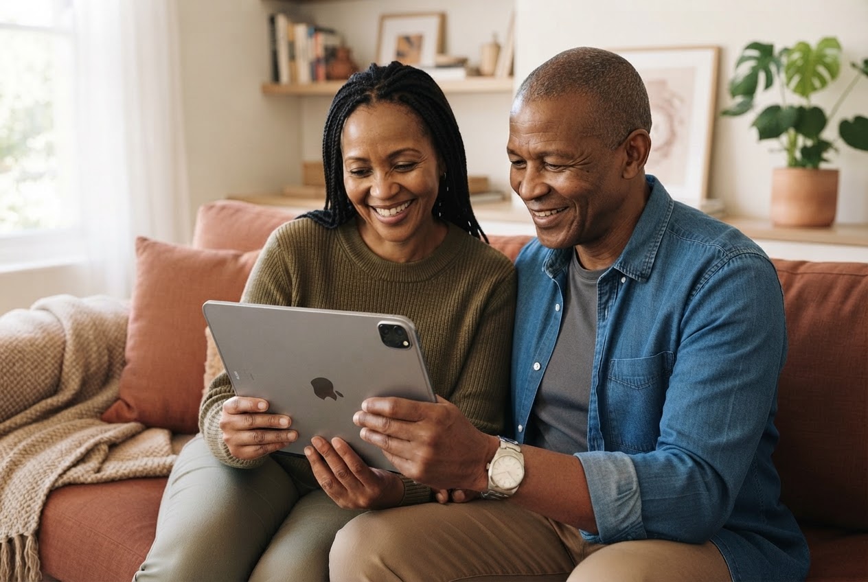 Couple seated on a grey sofa looking at a black laptop together, the man in a blue sweater with his arm around the woman in a cream blouse, sunlight from a window on the wall behind.