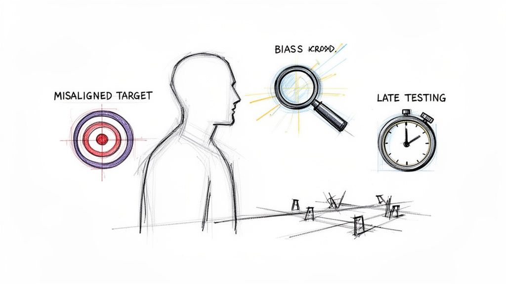 Sketches illustrating user-centered design challenges: misaligned target, biased research, late testing, and complex obstacles.