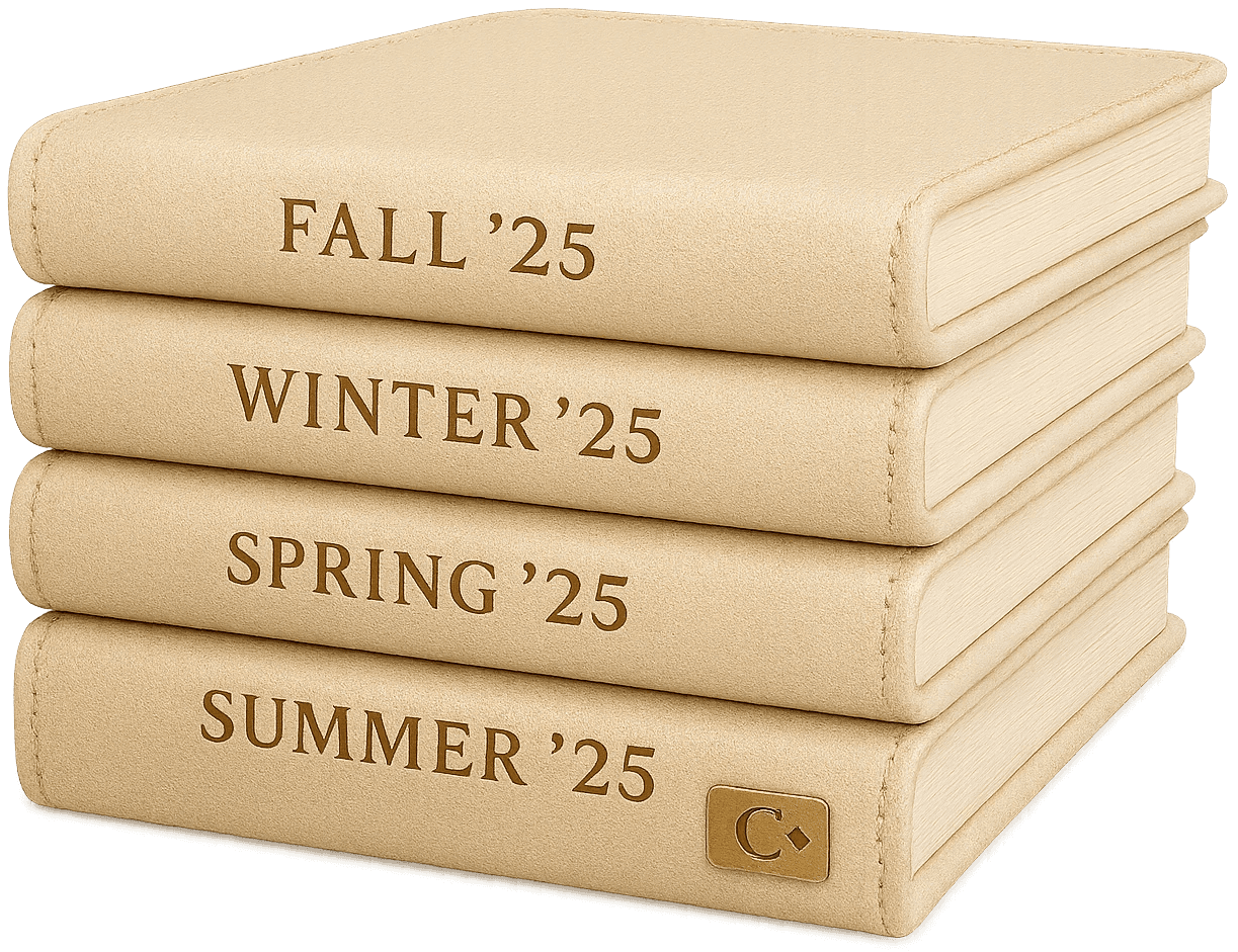 Stacked seasonal archive boxes labeled Fall, Winter, Spring, and Summer 2025