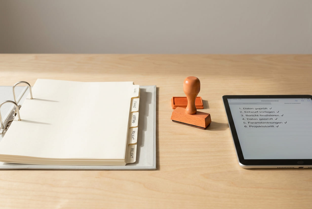 Arbeitsplatz mit einem aufgeschlagenen Aktenordner, daneben ein Tablet mit einer uebersichtlichen Checkliste, ein orangefarbener Stempel liegt bereit