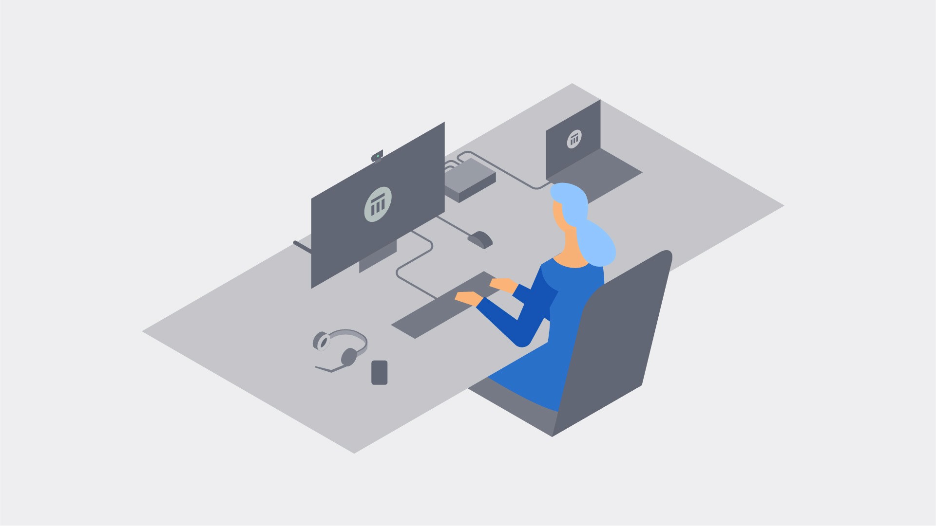 Isometric vector illustration of a woman working on her desk with a monitor laptop setup