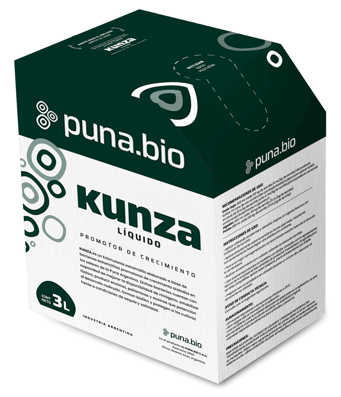 Caja de producto Kunza® para inoculante microbiano para tratamiento de semillas de soja