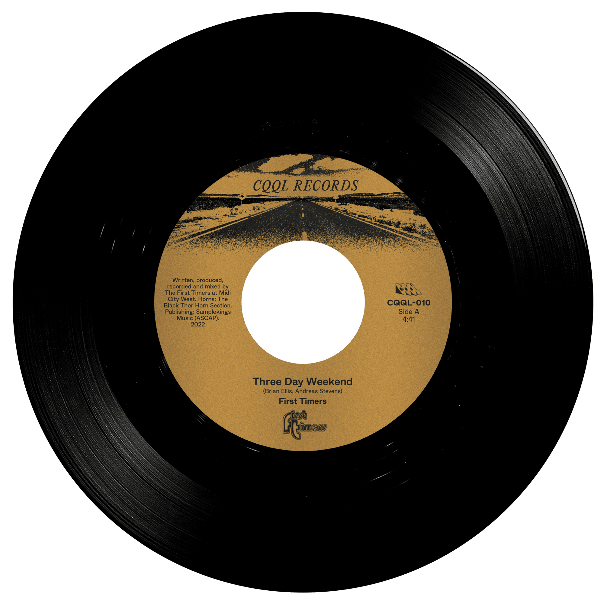 Black vinyl record with a yellow label on a white background