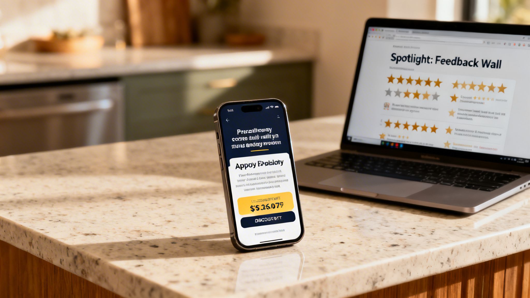 A smartphone and laptop on a kitchen counter displaying an app and a customer feedback wall.