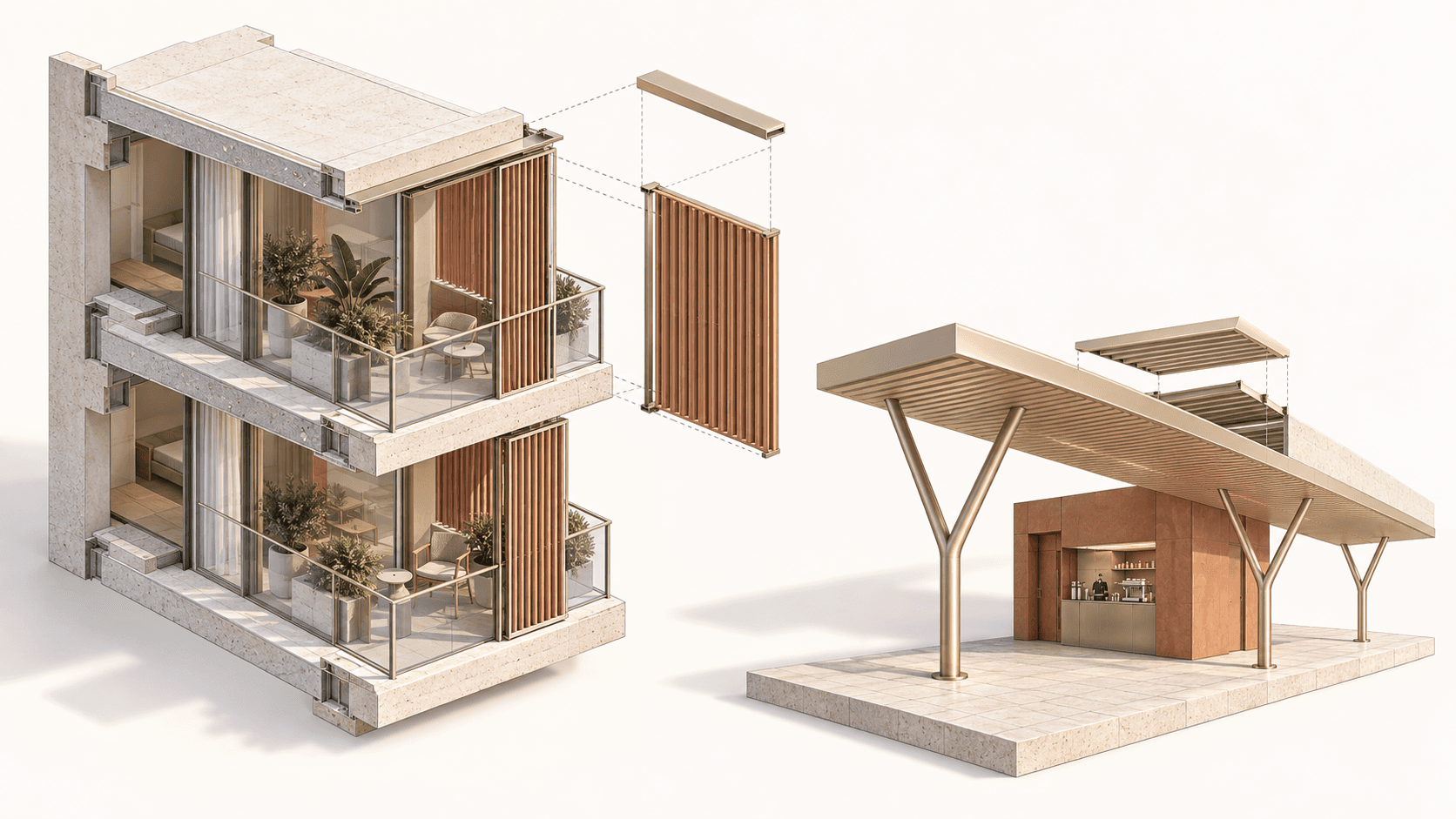 Illustrative assembly study of the proposed architectural system; not a construction drawing.