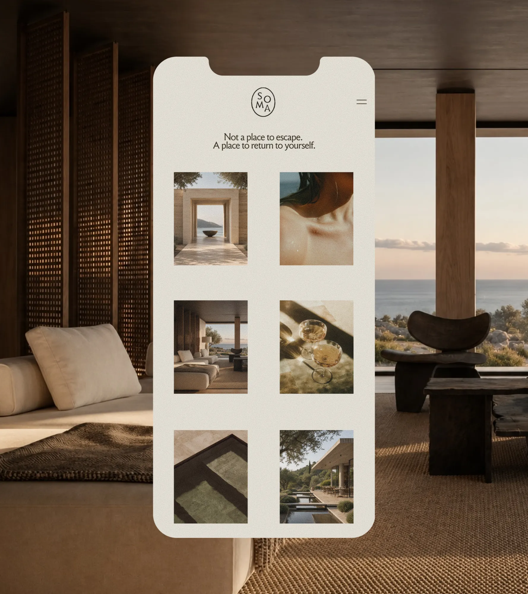 SOMA mobile website over a living room with sea view