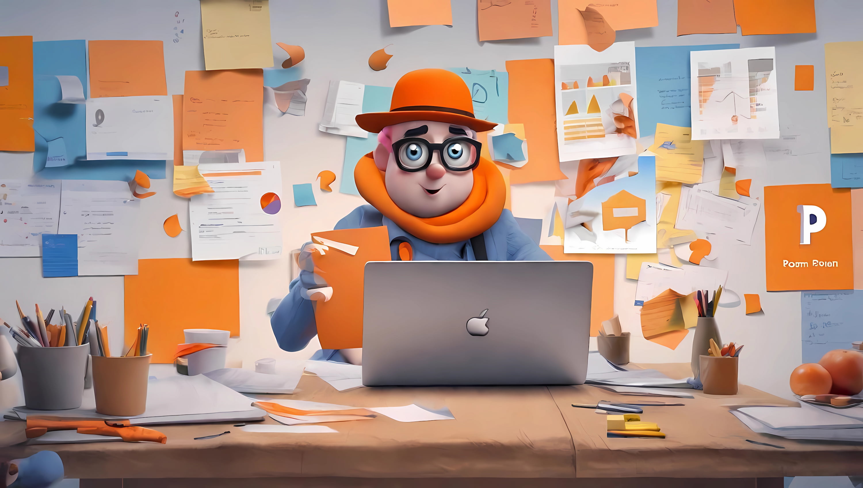 illustration of powerpoint mascot working on laptop