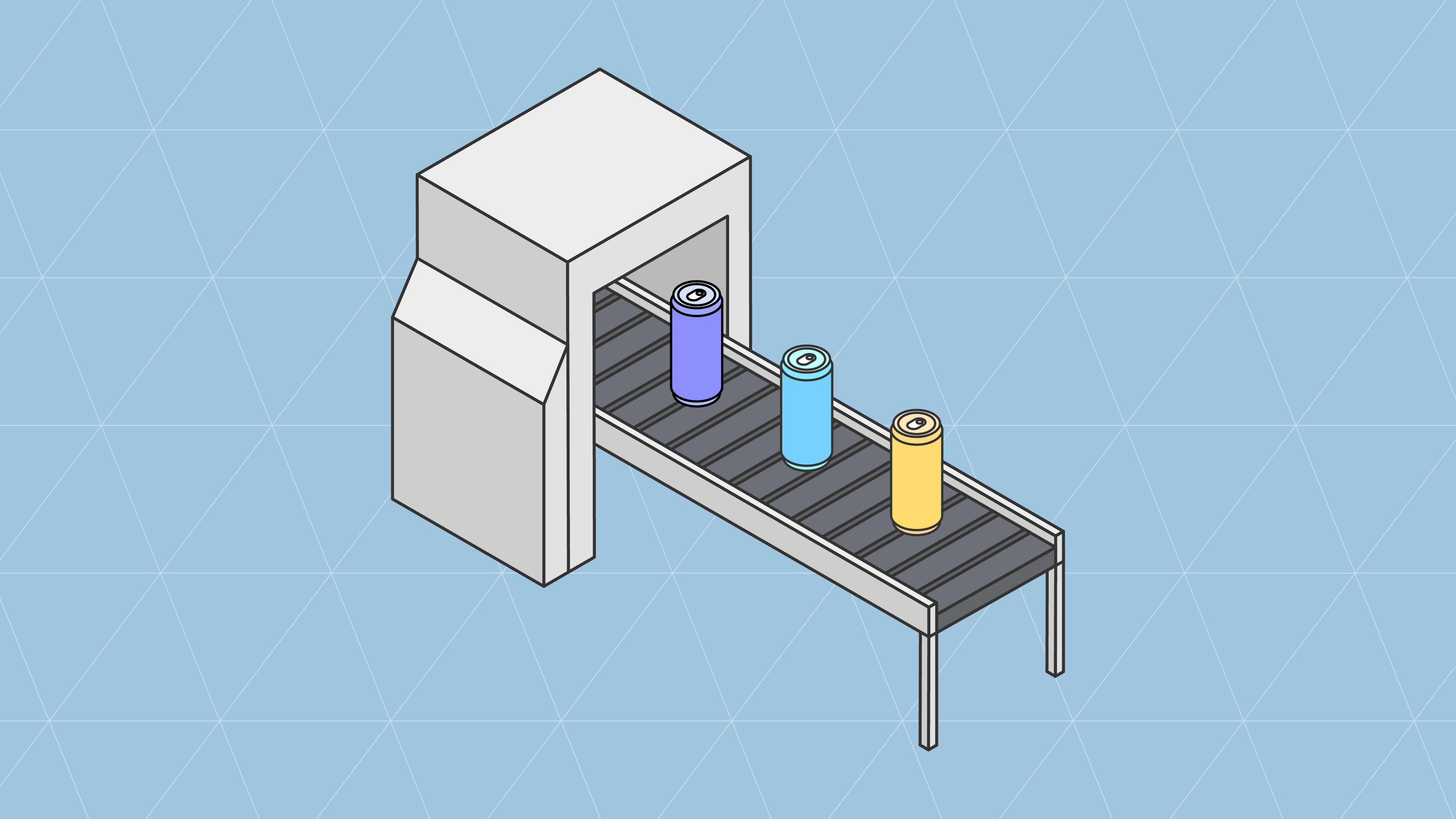 Isometric illustration of beverage cans on production line representing the food and beverage manufacturing industry.