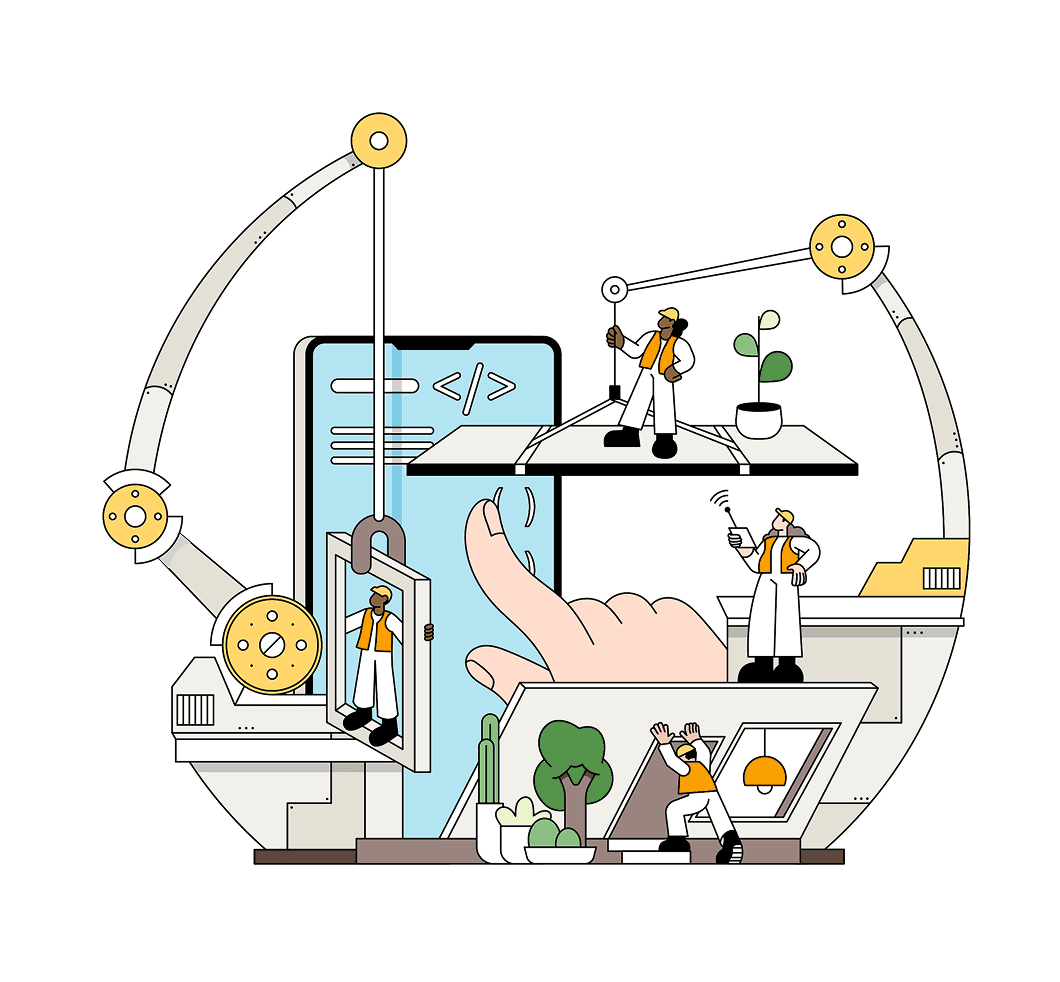 Illustration of an abstract futuristic scene of people building a city