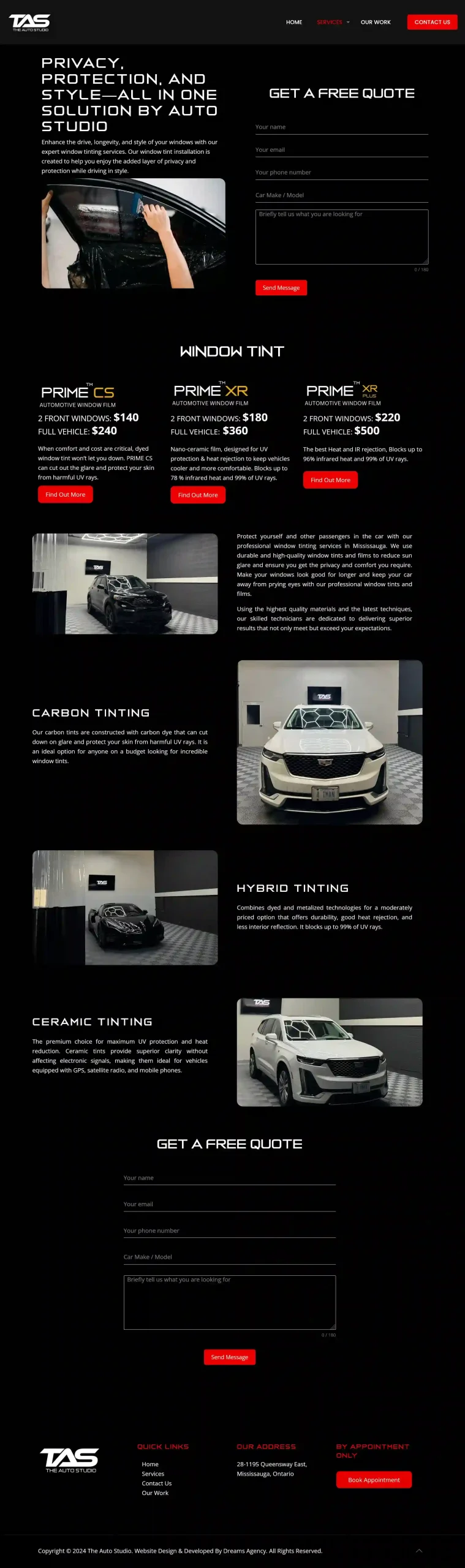Window Tint page for theautostudio website developed & designed by Dreams Agency Mississauga, Ontario