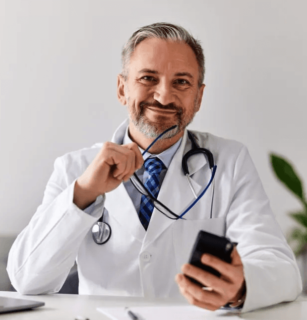 man in blue scrub suit wearing blue stethoscope