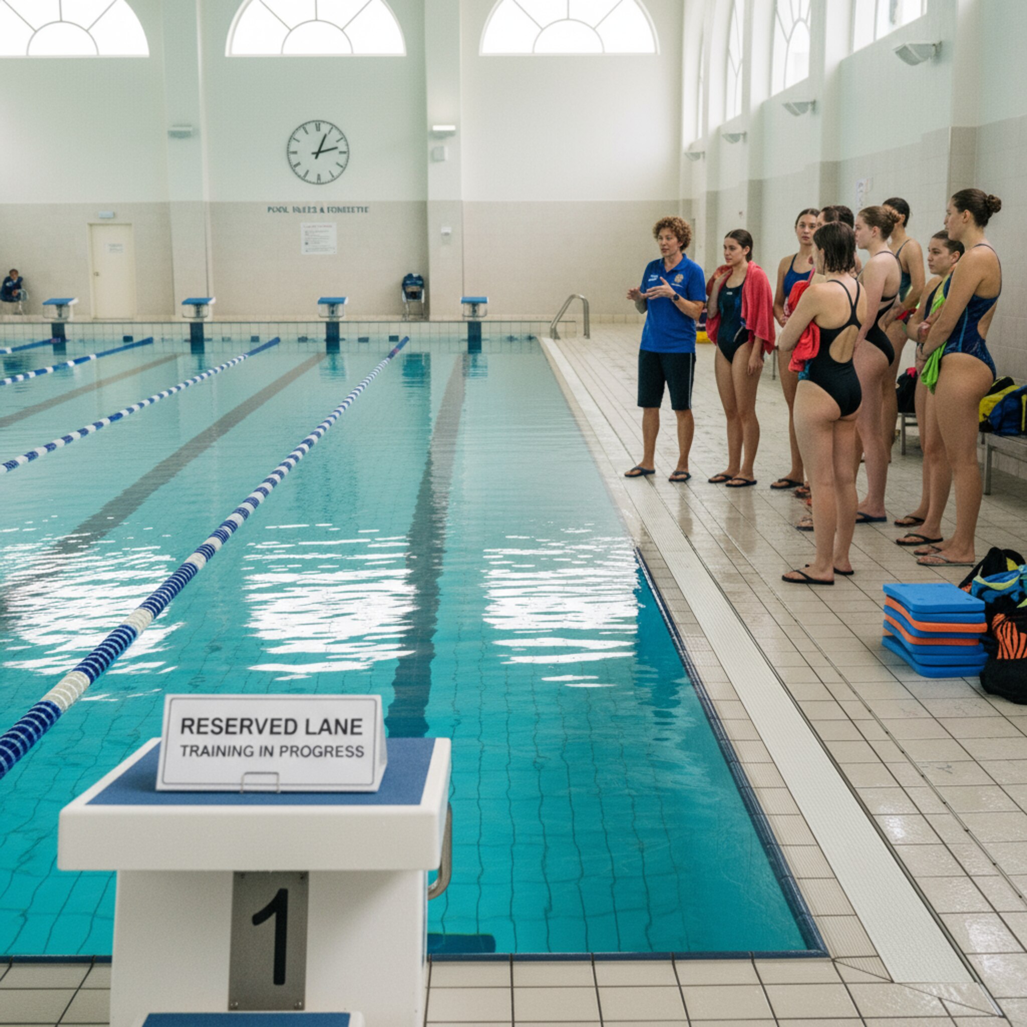 Auf dem Startblock liegt ein reserviertes Bahnschild, die Leinen spannen sich geradlinig durchs Wasser. Ein Verein sammelt sich am Beckenrand, der Trainer erklärt leise den Ablauf. Geordnete Bewegung, regelmäßige Wellen, klare Raumaufteilung. Ein professioneller Moment zwischen Vorbereitung und Start.