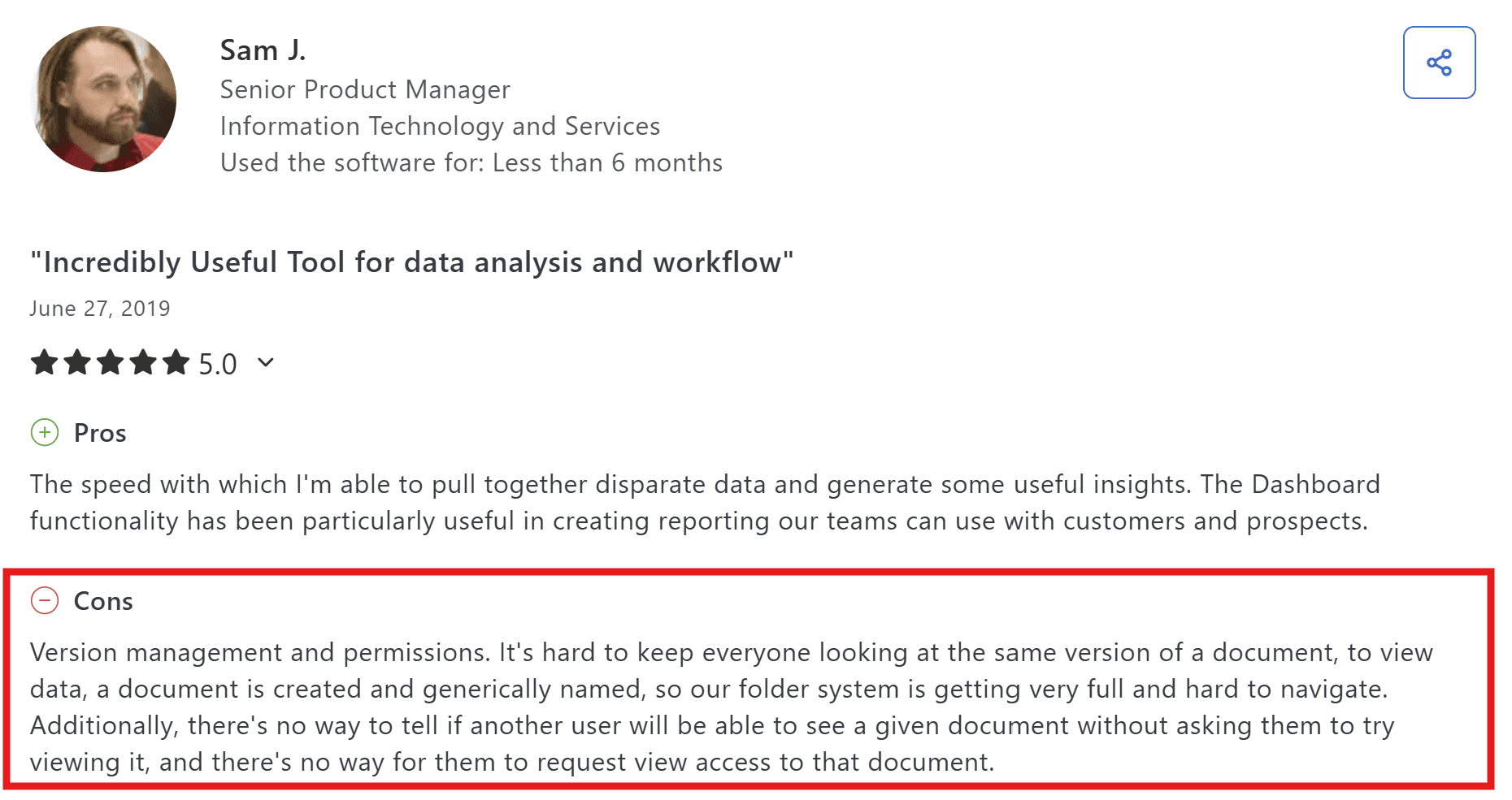 capterra review of sigma computing describing issues with version management and permissions