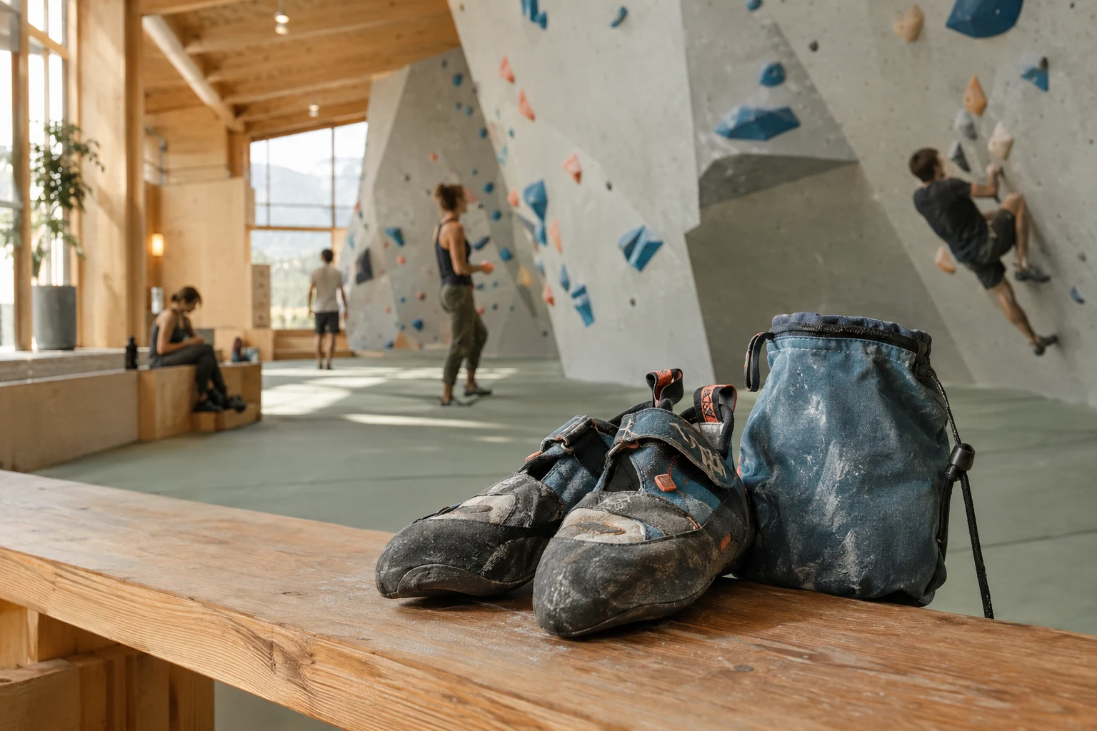 Kletterschuhe und Chalkbag auf einer Holzbank