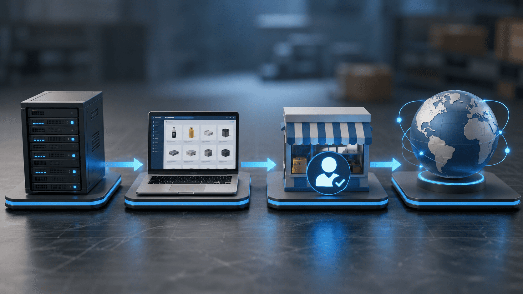 Renderização 3D realista em formato panorâmico 16:9 mostrando uma sequência visual de implantação de um portal de vendas B2B. À esquerda, um servidor corporativo representando a integração com ERP. No centro, um notebook exibindo um catálogo digital de produtos organizado. Em seguida, uma pequena loja digital simbolizando um revendedor piloto validando o processo. À direita, um globo conectado por redes digitais representando a expansão para toda a base de clientes. Os elementos estão alinhados em uma única cena contínua, conectados por fluxos luminosos que indicam uma ordem lógica de implementação. Ambiente corporativo moderno, iluminação profissional, acabamento tecnológico, profundidade de campo suave, sem pessoas, sem textos, sem divisões na imagem.