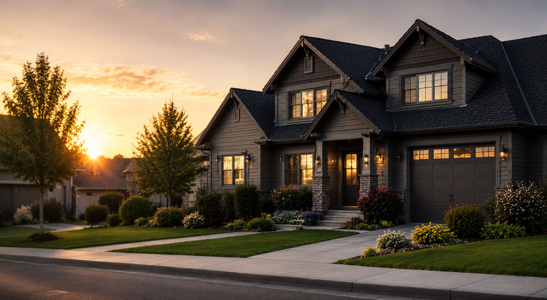 Suburban home exterior at sunset with warm interior lighting