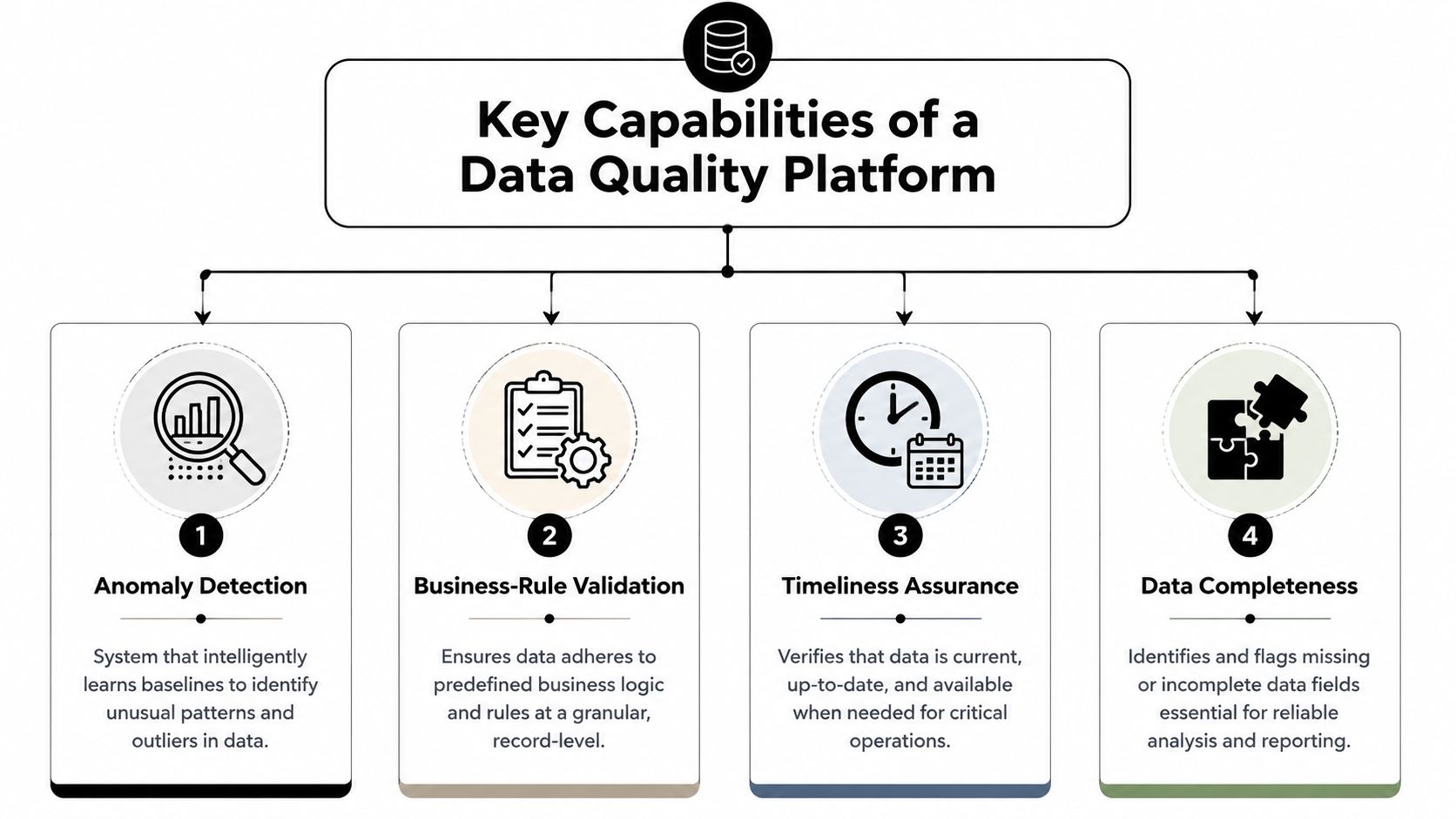 A diagram outlining the four core capabilities of a modern data quality platform in business operations.