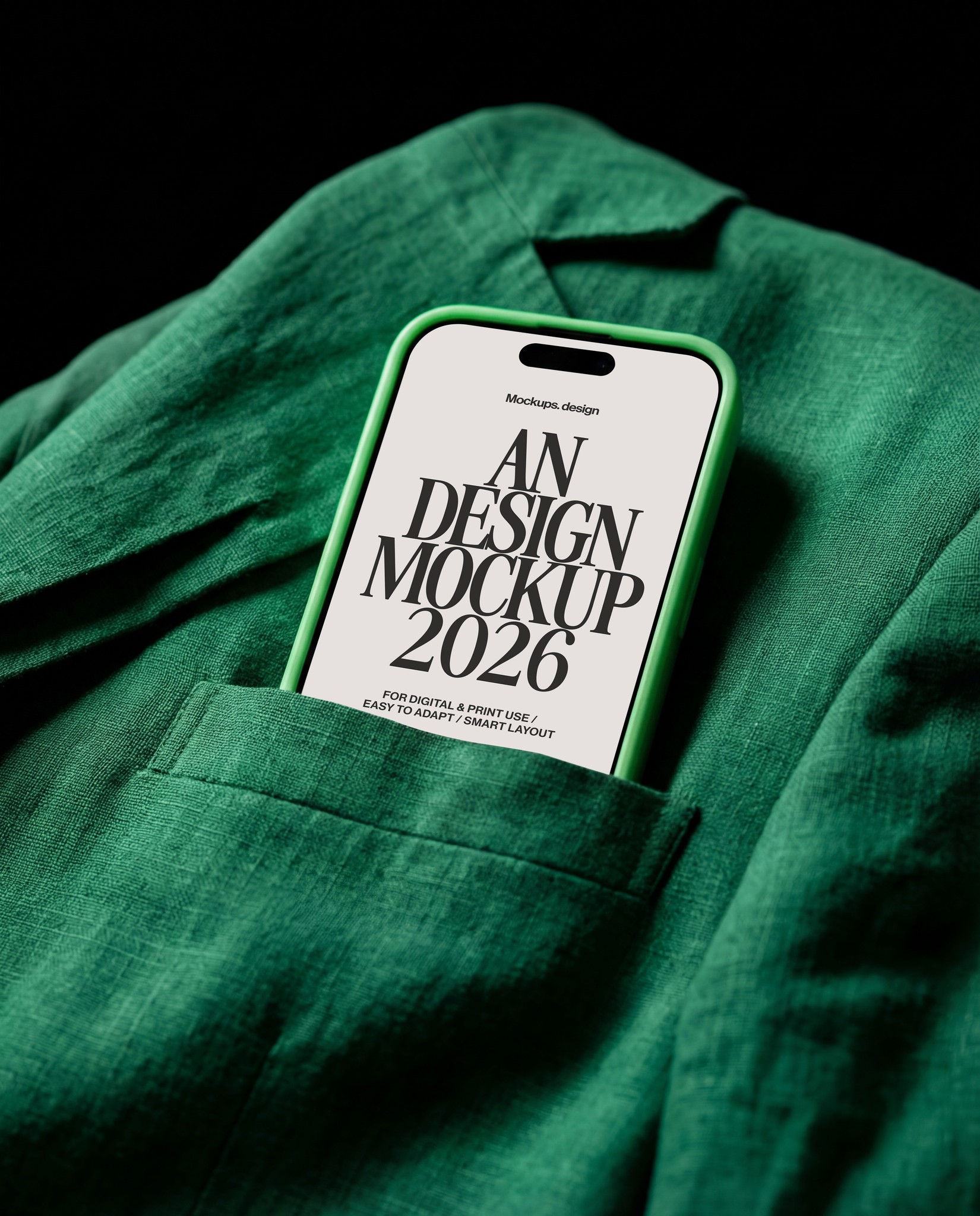 iPhone 16 mockup in jacket pocket, realistic mobile display