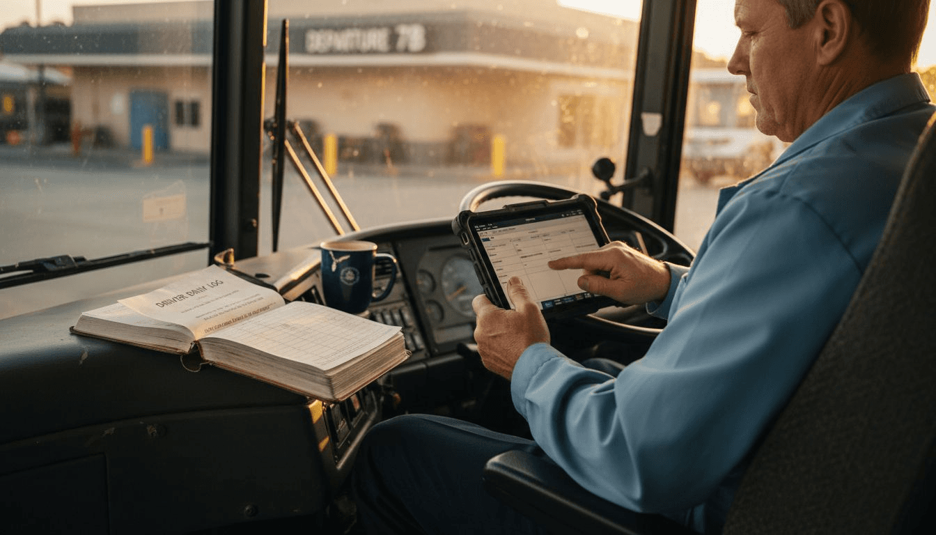 Bus driver filling out digital trip sheet
