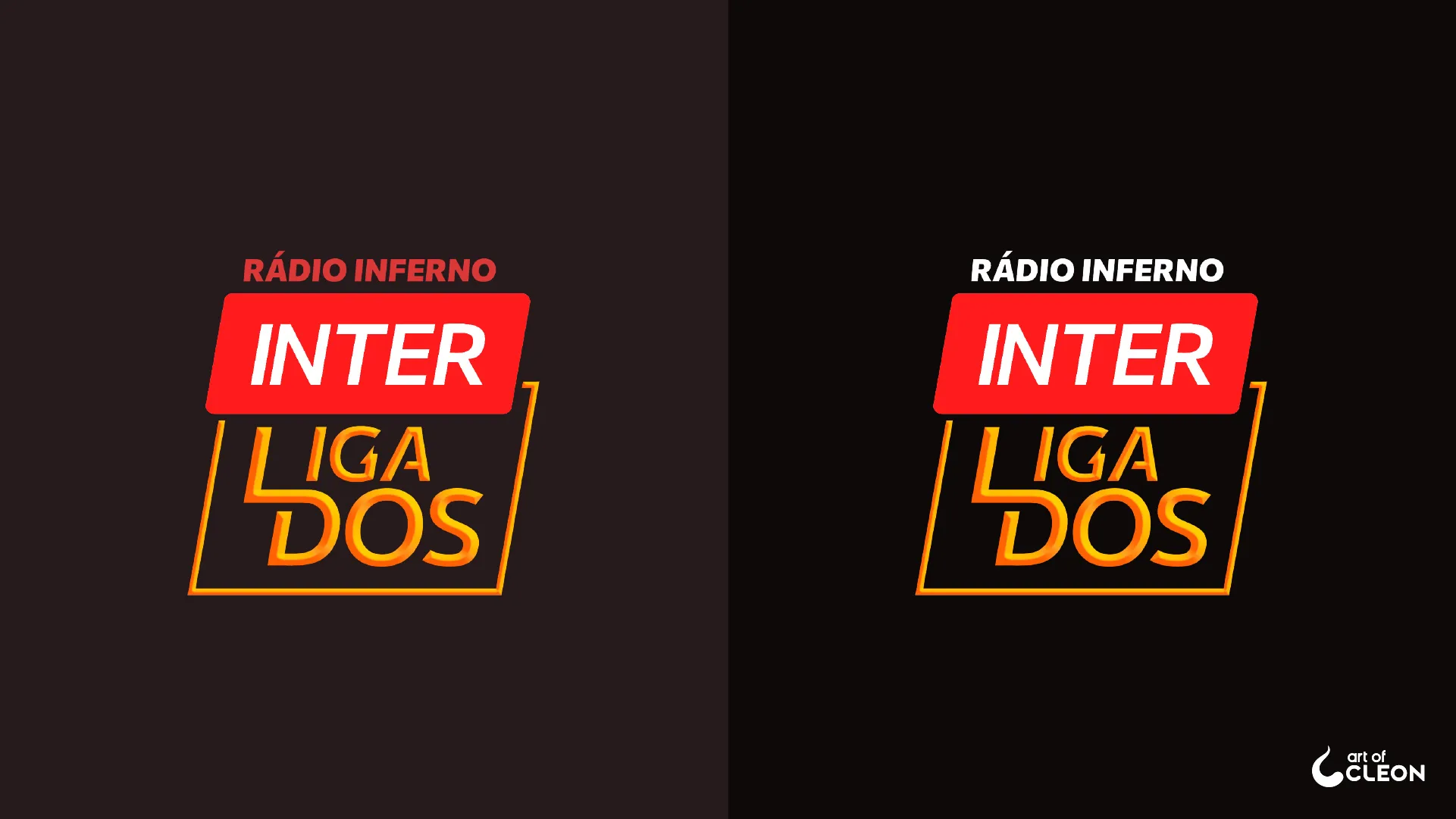 Two versions of the Interligados wordmark on dark backgrounds, with white INTER lettering on a red panel and yellow dimensional LIGA and DOS lettering; the Rádio Inferno label changes from red to white.
