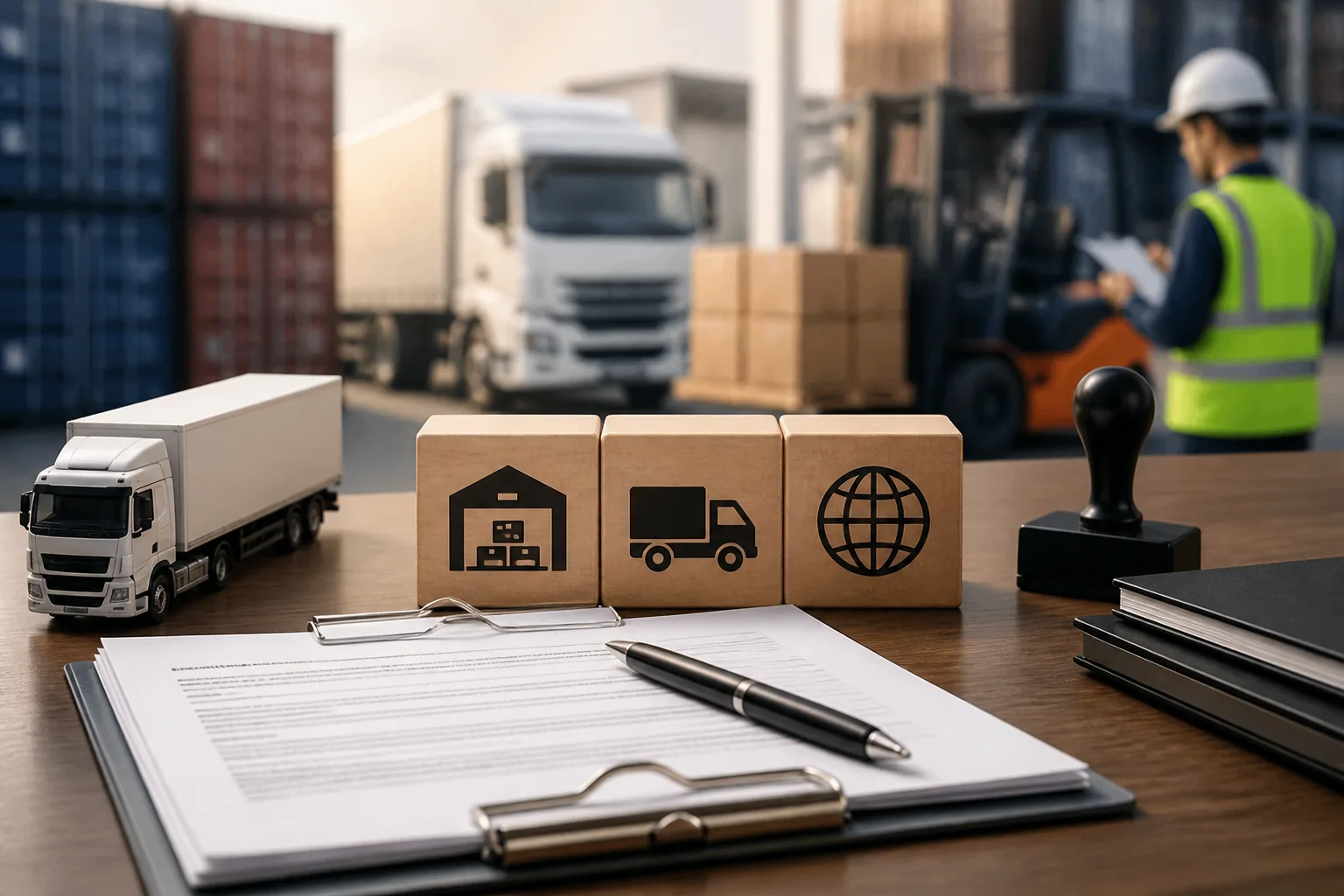 3PL Business Setup in Dubai beside a warehouse with cargo pallets and a shipping container