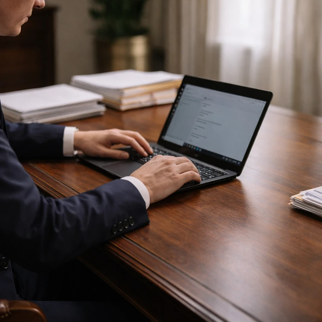 A person typing on a laptop at a wooden desk, with stacks of papers in the background and soft natural light.