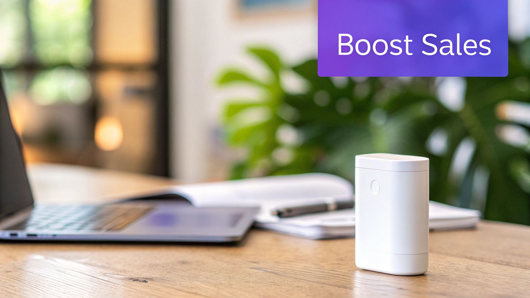 Modern white cylindrical smart device on wooden desk with laptop, notebook, and green plant in office
