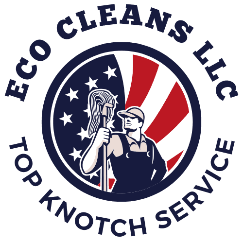 Blue and Red cleaning company logo with title ECO Cleans LLC and the Slogan Top Knotch Service