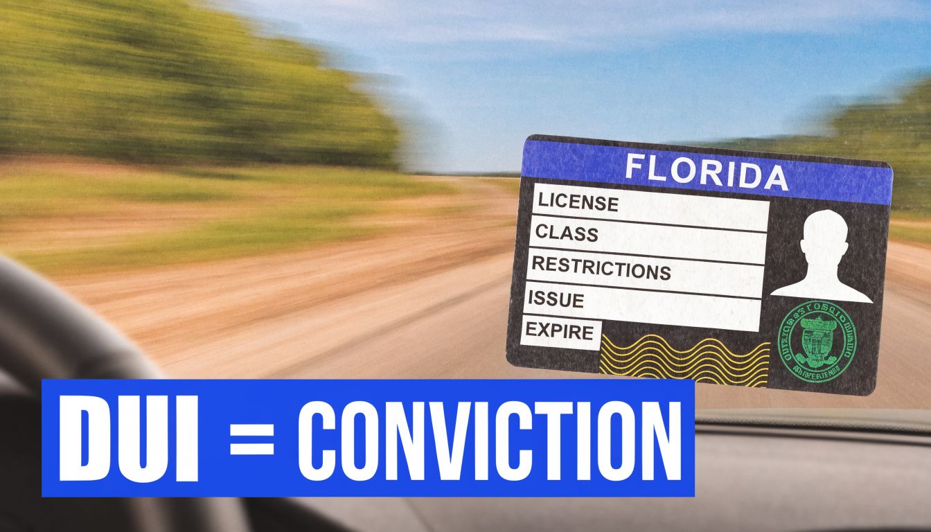A driving scene with a Florida license graphic and the bold text overlay DUI equals conviction.