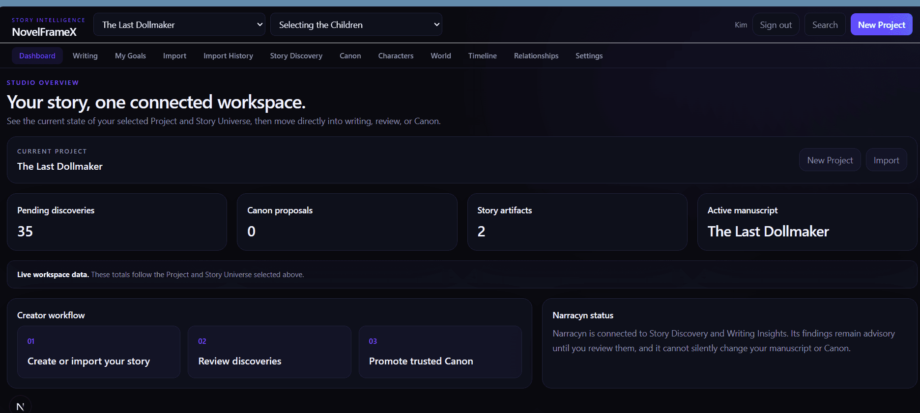 Dashboard view showing your story universe at a glance