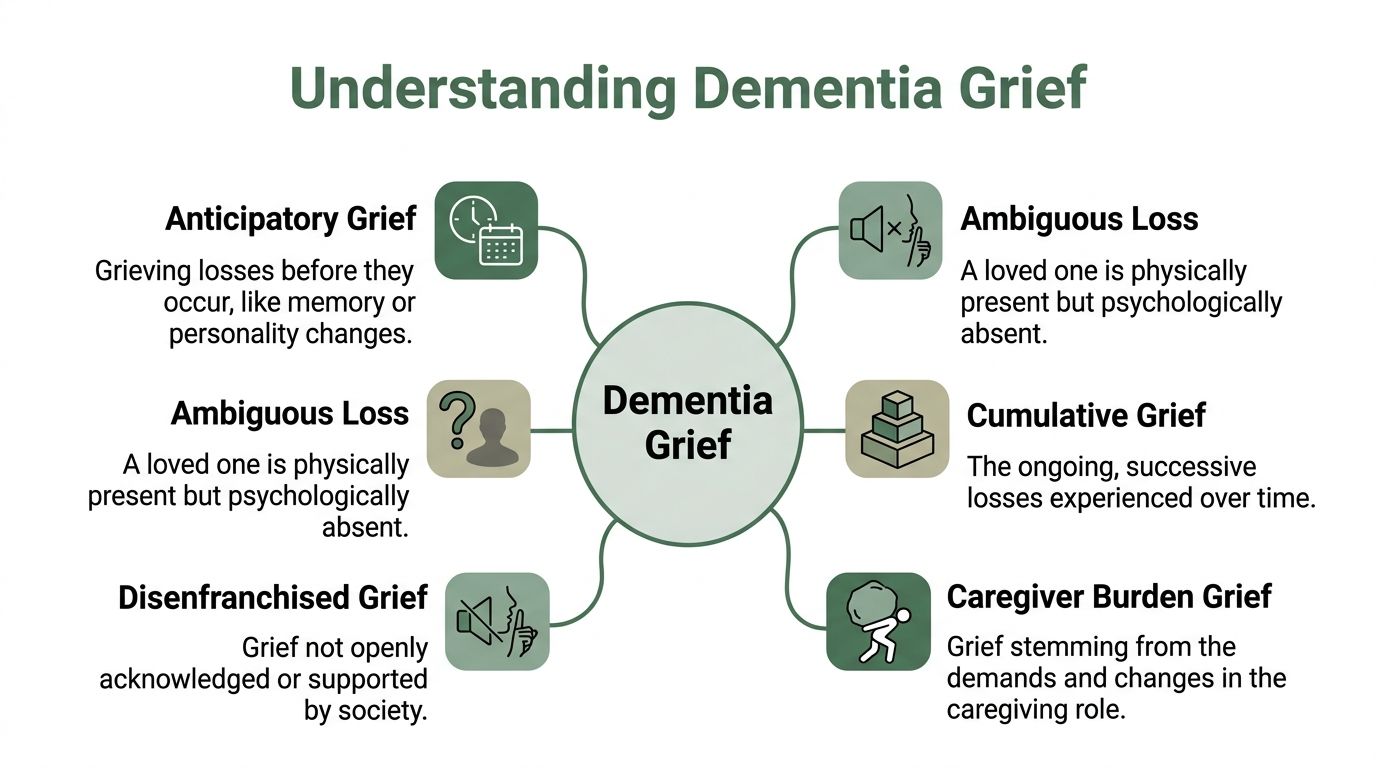 A mind map infographic explaining the different types of grief associated with caring for dementia patients.
