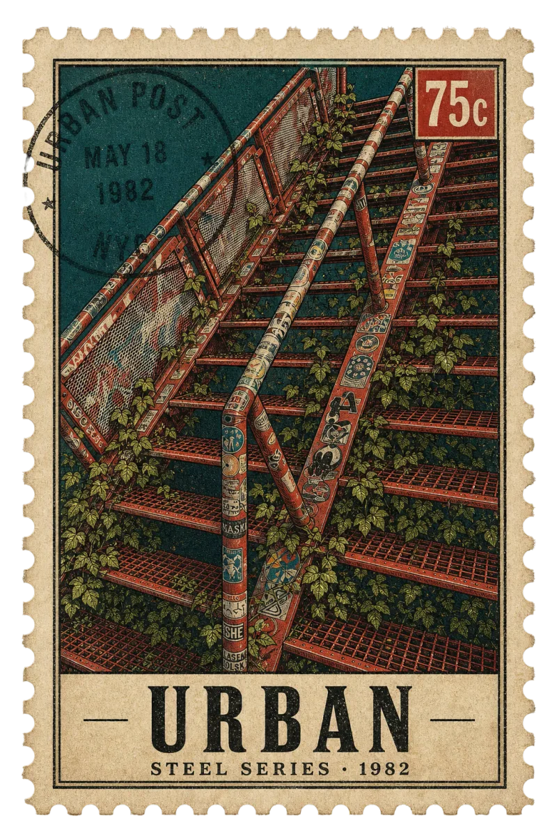 Vintage postage stamp of a New York fire escape