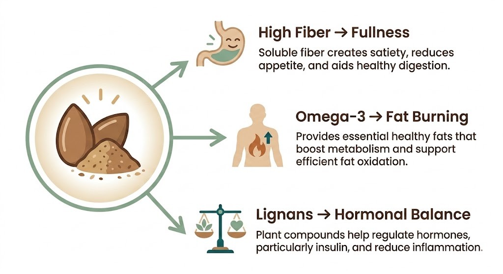 A modern, flat vector infographic showing how flax seeds support weight loss. The central icon of a bowl of flax seeds connects to three columns of benefits with arrows: 'High Fiber for Fullness' with a stomach icon, 'Omega-3 for Fat Burning' with a flame icon, and 'Lignans for Hormonal Balance' with a scale icon. The infographic uses a clean earthy color palette of beige, brown, and green, with easy-to-read typography, against a white background, suitable for health and nutrition blogs.