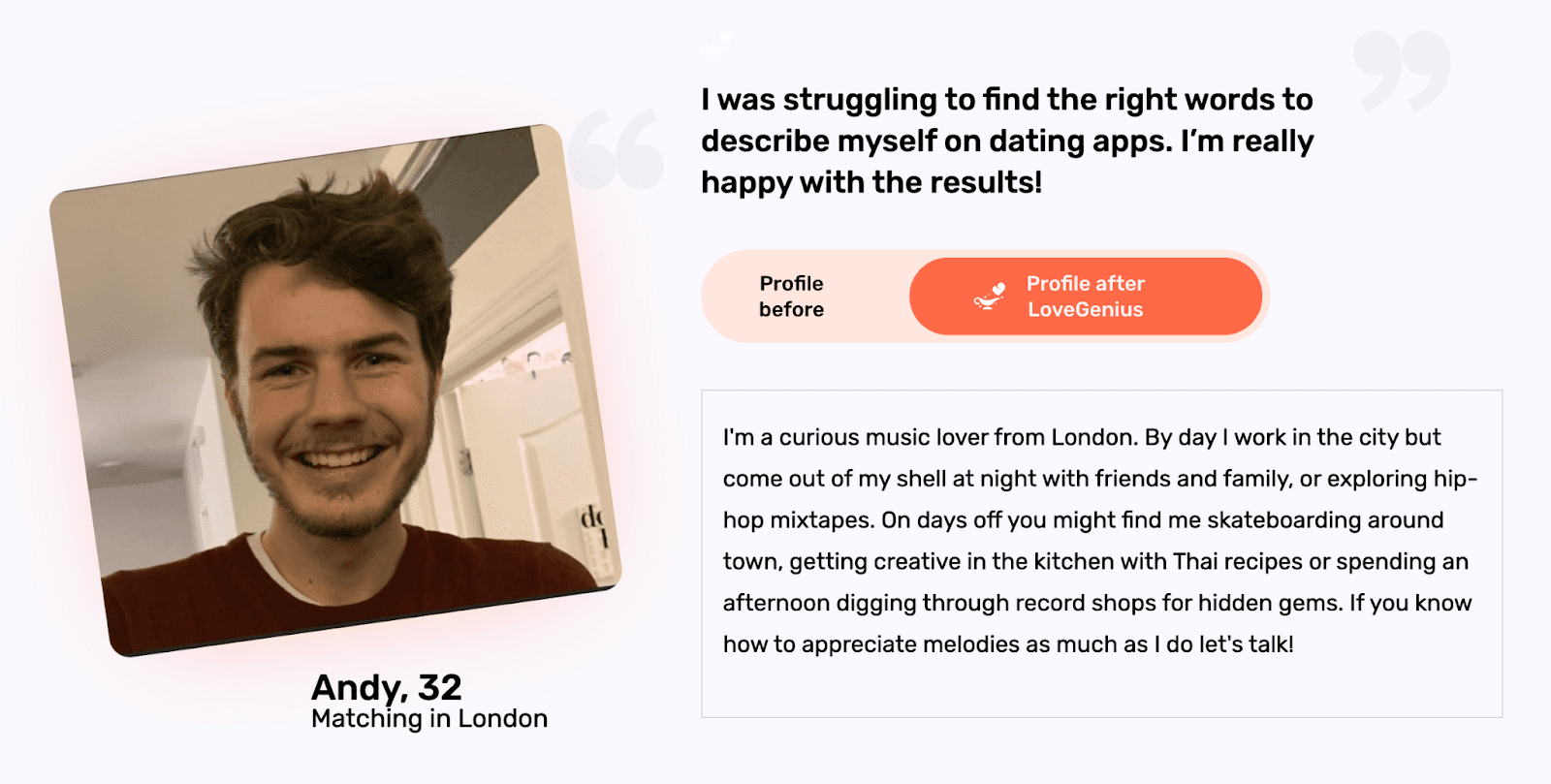 Andy’s dating app bio after the use of LoveGenius