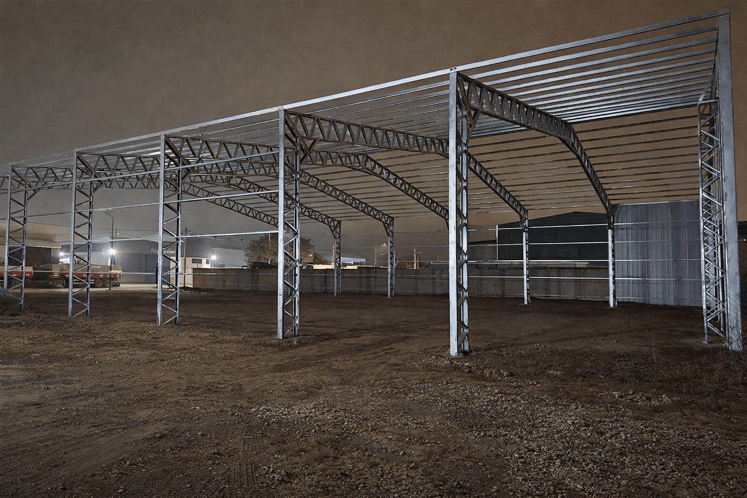 Estructura metálica de galpón logístico para depósito industrial en Córdoba, tinglado de acero para nave logística en construcción.