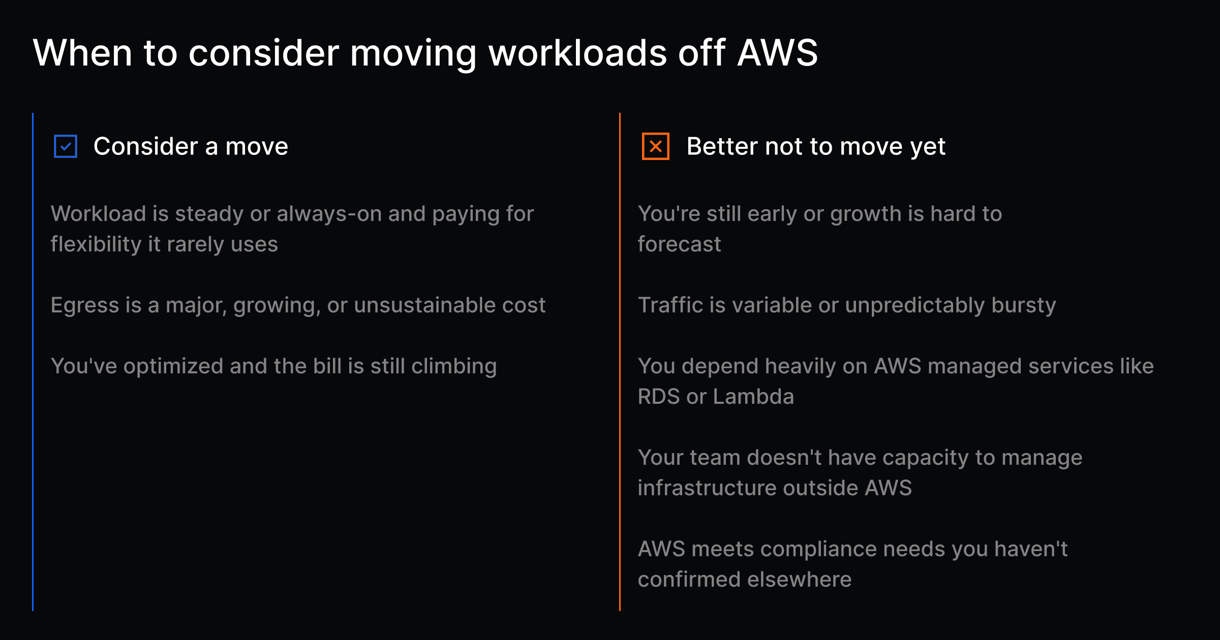Chart explaining when a high AWS bill justifies moving a workload out of Amazon Web Services