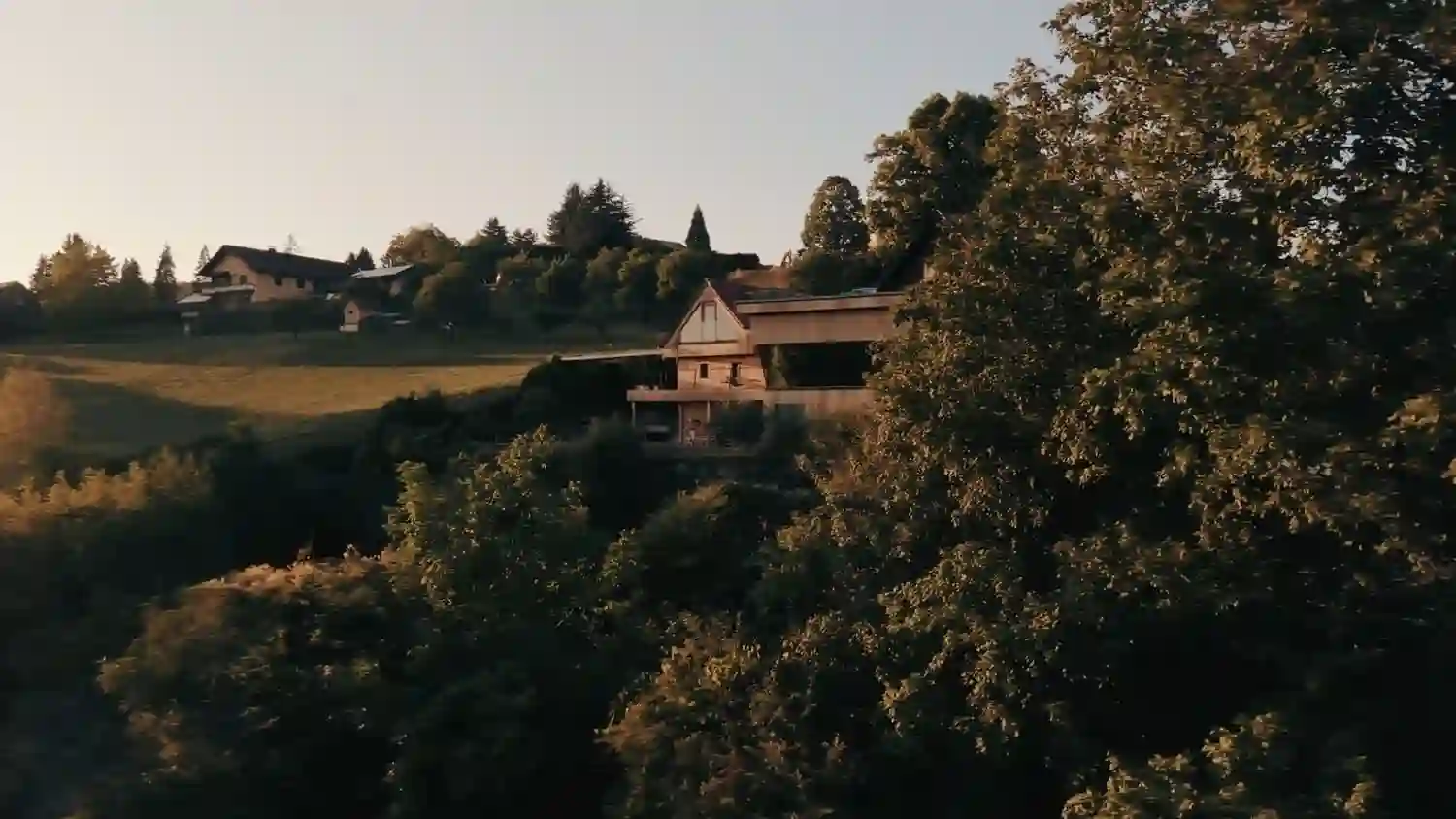 Haus am bewaldeten Hang über Wiesen, im Morgenlicht aus der Luft gesehen